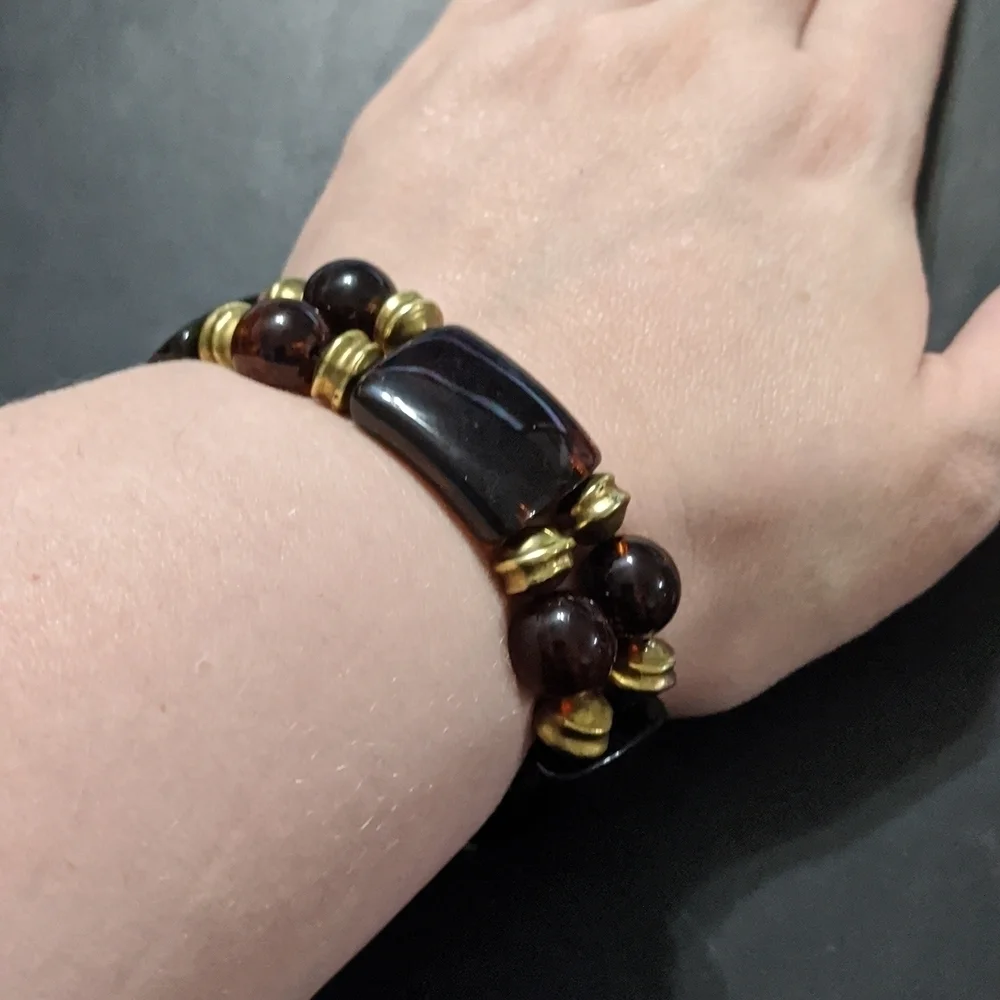 𝅺Gold Tone Brown Beaded Stretchy Elastic Statement Bracelet